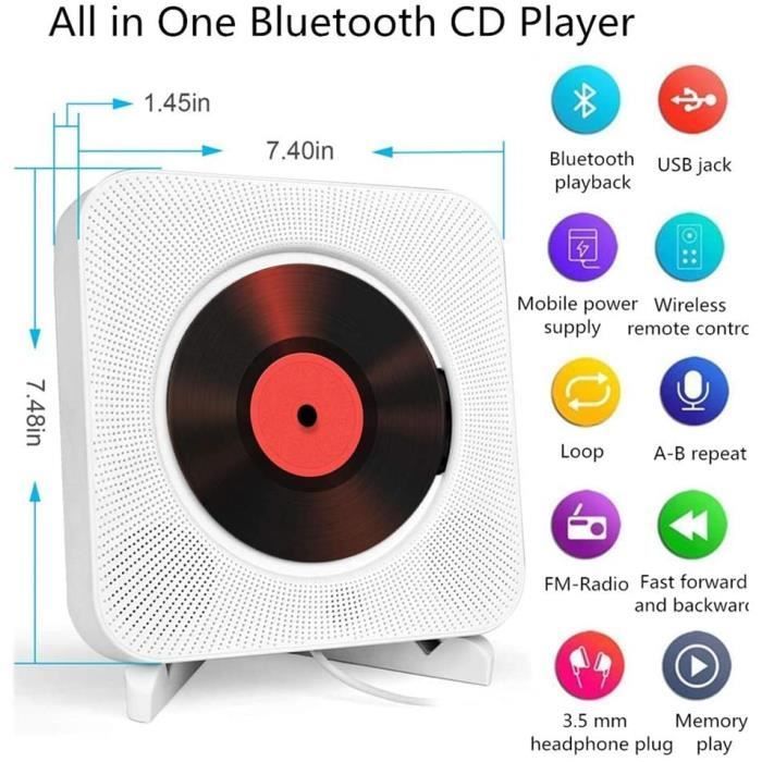 Portable CD Player, Bluetooth, Wall Mountable, Built-in HiFi Speakers, Home Audio Boombox with Remote Control and FM Radio