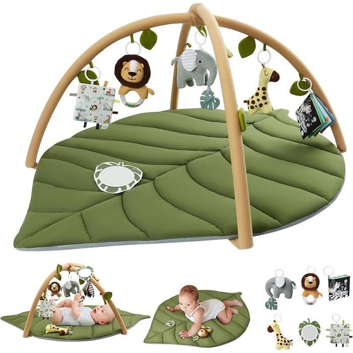Baby Play Mat with Removable Arch, Leaf Shape, Baby Activity Mat with 6 Toys - Green Development F CHILDREN'S PLAY MAT