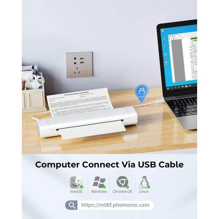 Phomemo M08F — Impressora térmica portátil A4 sem tinta, Bluetooth e USB, branca