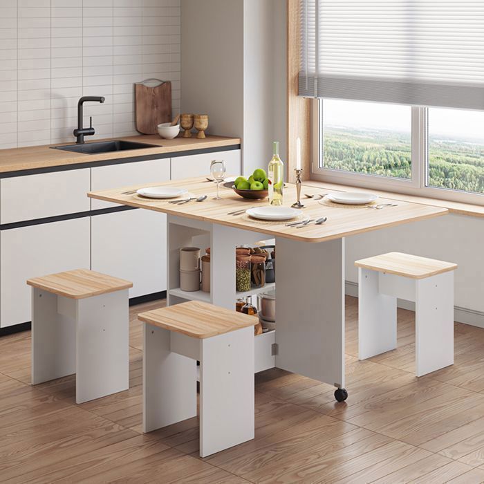 Conjunto de comedor Mondeer con 4 sillas, mesa de cocina plegable con estantes, mesa y silla, 120x80x80 cm, roble y blanco.