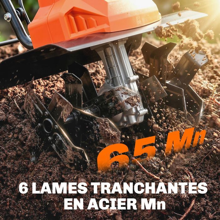Motocultor eléctrico de 1500 W, 6 cuchillas, 65 mm de ancho, 40 cm de profundidad, 20 cm, plegable e impermeable IPX4, color naranja.
