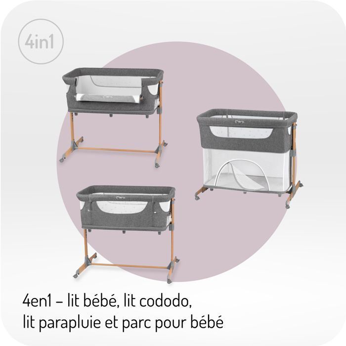 Berço inteligente MoMi SMART BED – 4 em 1 para dormir junto com o bebê – Altura e inclinação ajustáveis – Mosquiteiro, colchão e acesso lateral – Cinza