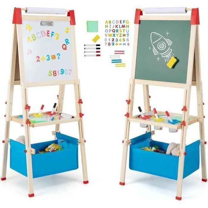 Caballete infantil de doble cara GOPLUS para niños de 3 a 8 años, altura ajustable, pizarra magnética blanca y negra, rollo de papel, imanes.
