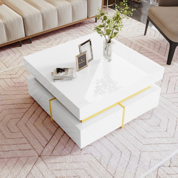 Table Basse - 70x70cm - 2 Tiroirs - Finition Brillante - Accents Dorés
