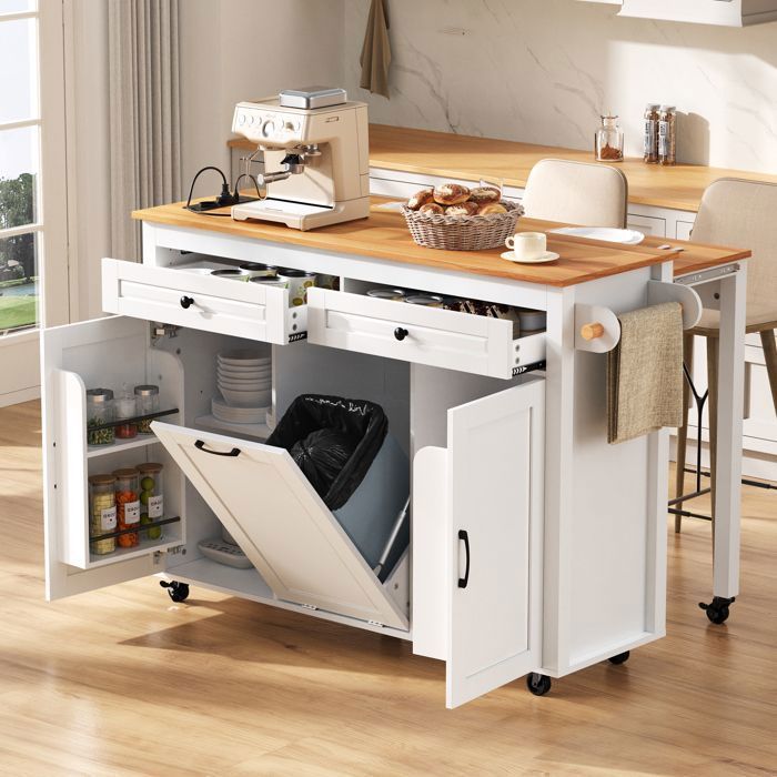 Isla de cocina móvil sobre ruedas: zona de comedor extensible, encimera, compartimento para cubos de basura (blanca)