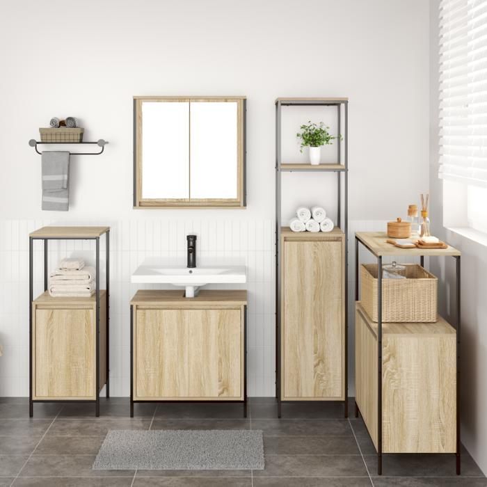 Conjunto de muebles de baño - Roble Sonoma - 5 piezas - Estilo contemporáneo - Fácil montaje