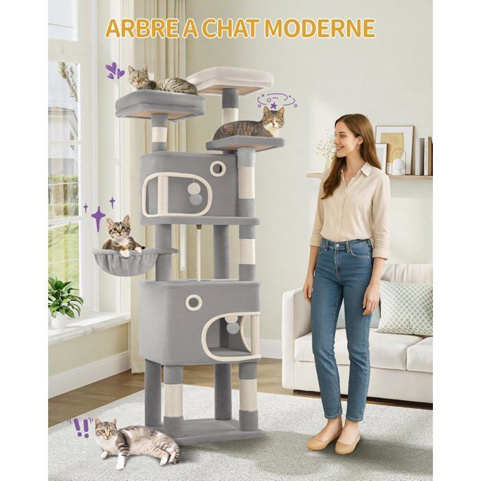 Árbol rascador para gatos, 180 cm de altura, torre de juegos con 8 postes rascadores, 3 plataformas, 2 cuevas, cesta, pompones, gris claro.