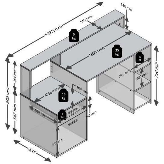 BOLTON desk with riser and storage - Concrete grey/anthracite melamine - W138.5 x H91.6 x D53.5 cm