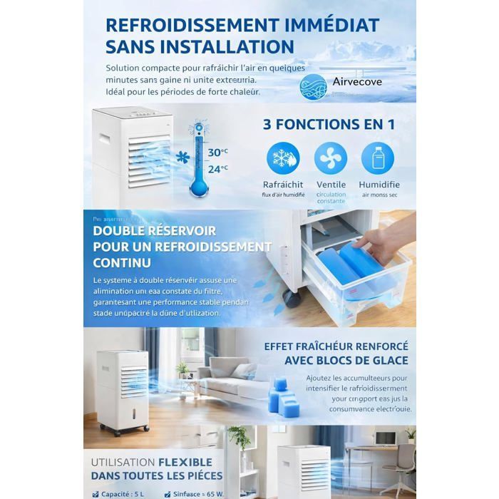Aire acondicionado/enfriador sin extracción de 5 litros: Ventilador, humidificador, purificador, 3 velocidades, bolsas de hielo, silencioso.