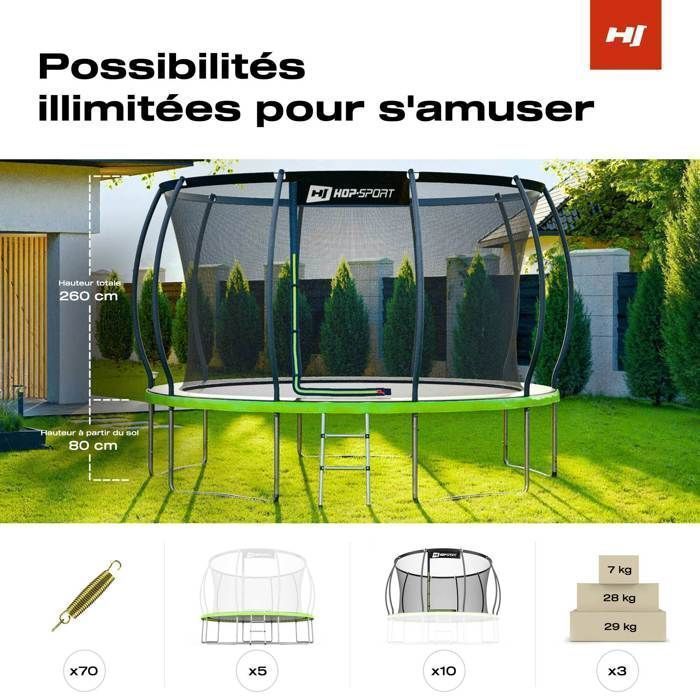 Cama elástica redonda Hop-Sport de 366 cm para uso externo, ideal para crianças. Kit completo para jardim, rede de segurança, suporta até 150 kg e possui certificação TÜV/GS.