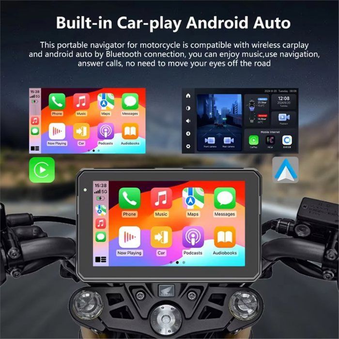 Pantalla de navegación portátil para motocicleta de 7 pulgadas, resistente al agua IPX8, compatible con CarPlay y Android Auto, pantalla inalámbrica, color negro.