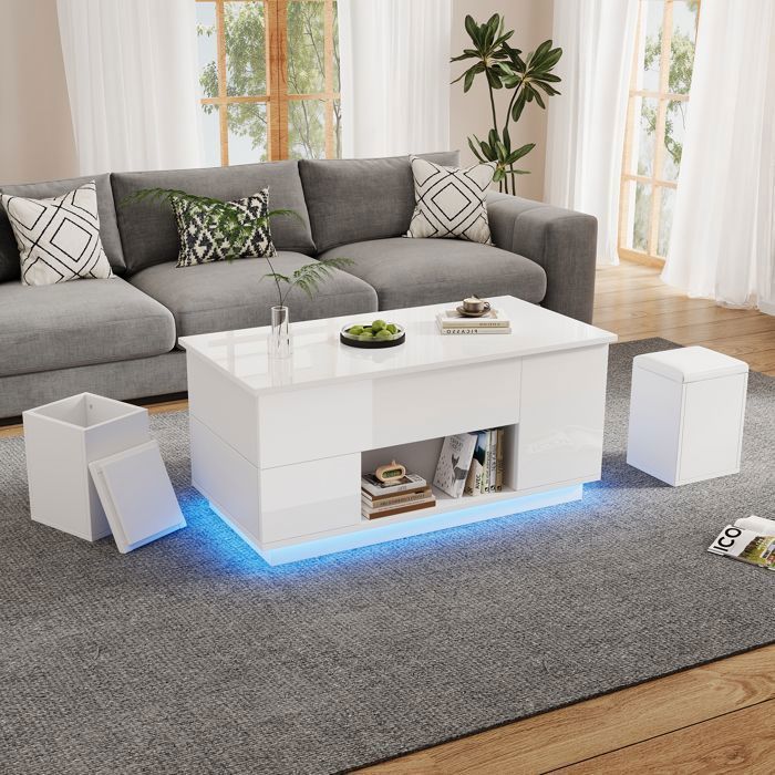 Tavolino da caffè regolabile bianco 100x50x45 cm con LED - 2 cassetti, vano portaoggetti e portata massima 50 kg - Set 4 in 1 con pouf