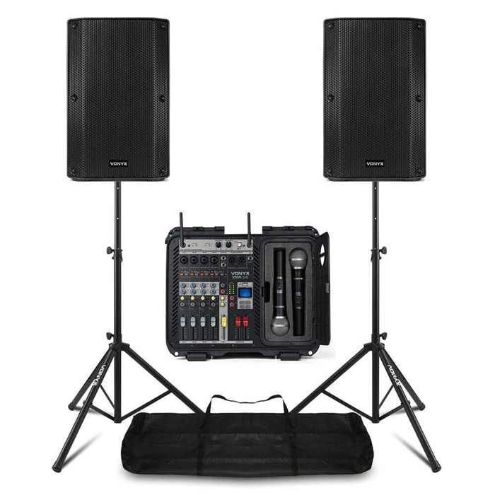 Complete PA System Package with Mixer, 2 Passive Speakers, UHF Microphones, Cables - 1600 Watts, Speaker Stands (110 to 175 cm)