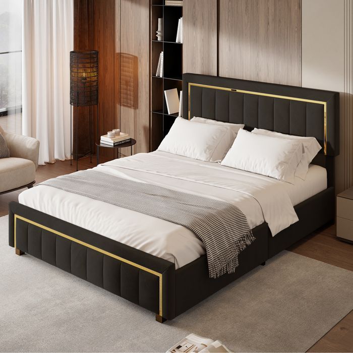 Lit coffre 160 x 200cm, Lit adulte, lit capitonné, avec tête de lit, tissu en velours, cadre de lit, avec levier hydraulique, Noir