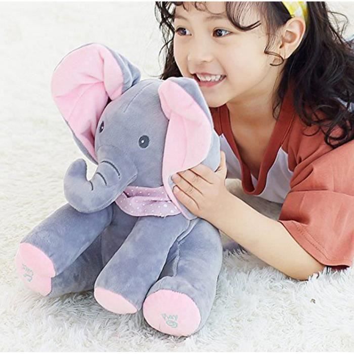 éléphant chantant en peluche musicaux pour enfants，jouer à cache - cache les jouets électriques (Gris+Rose）
