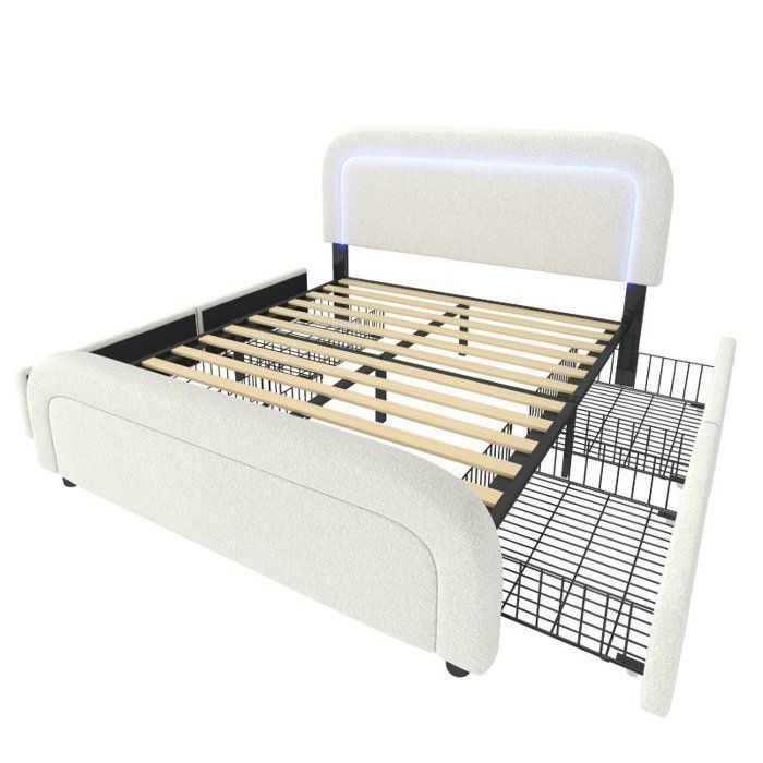 Cama con almacenamiento - LANGTU - 140x200 cm - 4 cajones - USB Tipo-C - Cabecero ajustable - LED integrado - Piel sintética tipo sherpa blanca