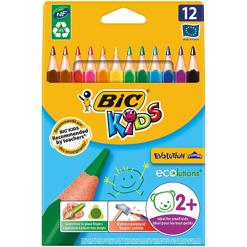 Crayons de couleur BIC, lot de 12. Crayon triangulaire Ecolution pour enfants BIC