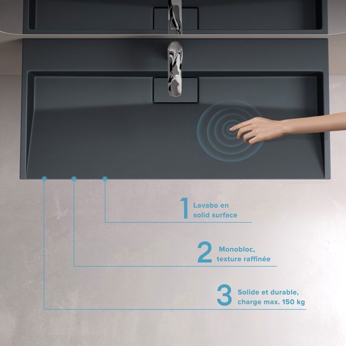 Lavabo mural Doporro con desagüe, lavabo de encimera, gris mate/negro, 50x38x11cm, lavabo rectangular con orificio para taladrar, Colossum19