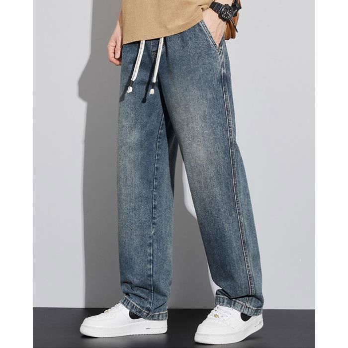 Pantaloni da uomo in denim vintage a vestibilità ampia con elastico in vita, jeans casual elasticizzati con coulisse, effetto slavato - Blu scuro