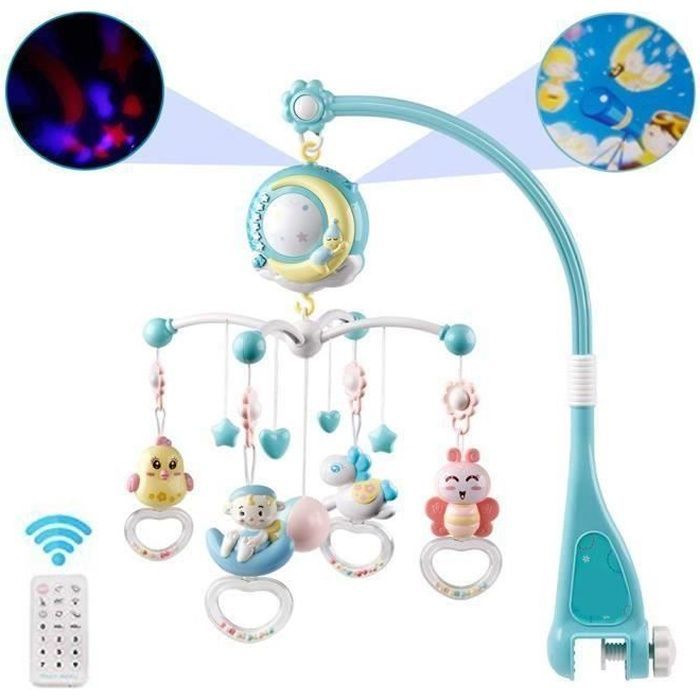 Móvil musical con control remoto para cuna de bebé con proyección de luz, música y sonidos, apto desde el nacimiento.