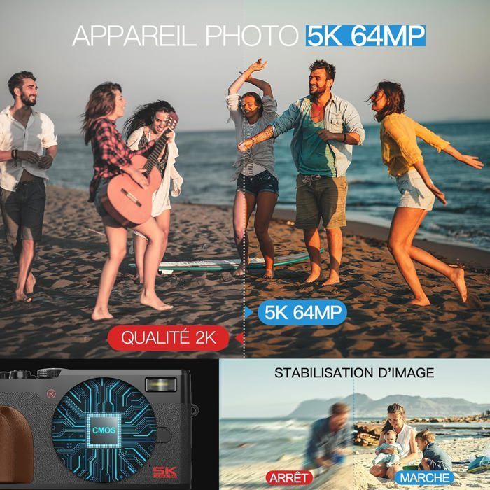 Fotocamera digitale NBD 5K da 64 MP, video 4K/30fps e schermo inclinabile a 180° da 3 pollici – Compatta