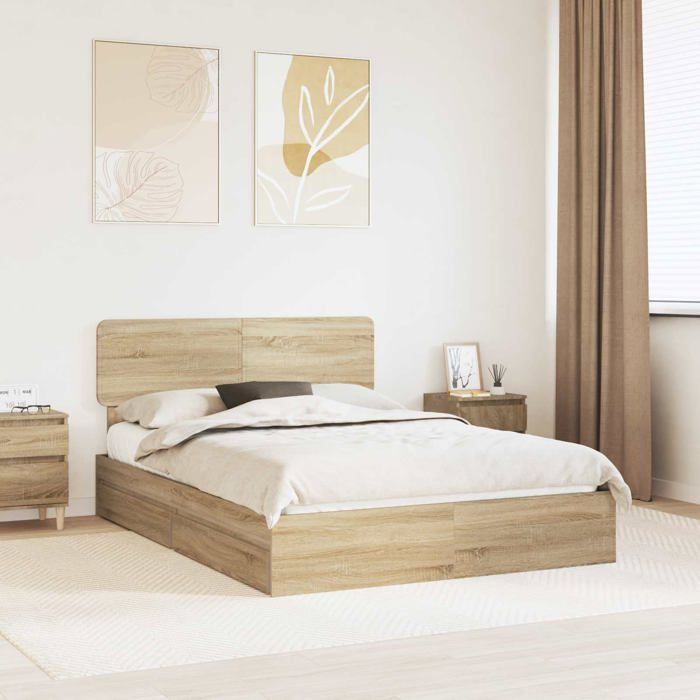 Cama con almacenamiento - vidaXL - Roble Sonoma - 140x190 cm - Madera de ingeniería - Con cajón - Estructura de láminas