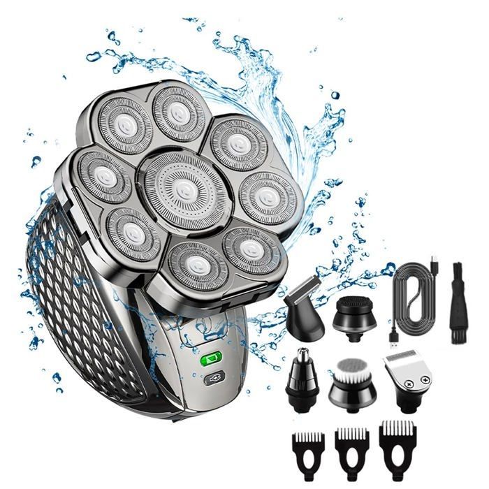Rasoir à Tête Chauve Homme 6 en 1 IPX7 Étanche, USB Rechargeable Humide/Sèche, Tondeuse Cheveux/Barbe/Nez Cuneary