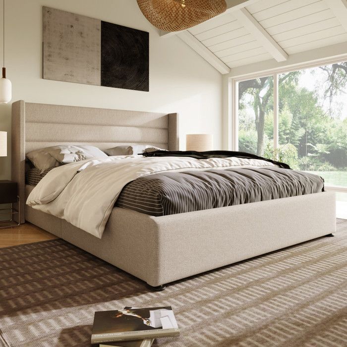 Letto contenitore 160 x 200 cm, letto 160 x 200 con rete a doghe, letto matrimoniale imbottito, letto per 2 persone con rete a doghe in legno, lino beige