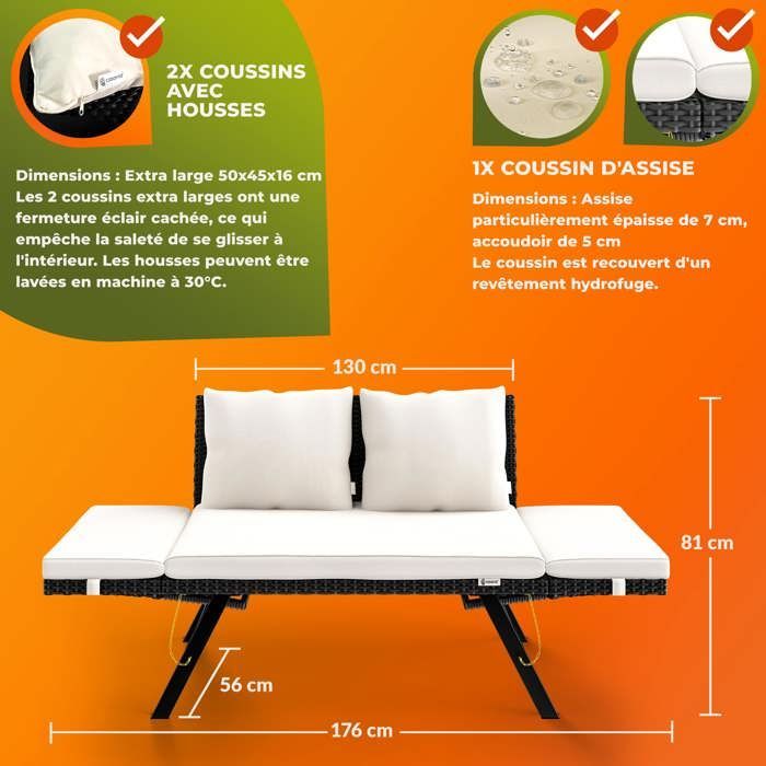 Tuinbank van polyrotan met chaise longue-functie en verstelbare armleuningen, geschikt voor gebruik buitenshuis in de tuin, op het terras, balkon en als loungebank.
