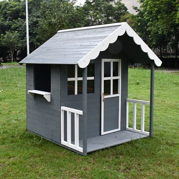 Maison enfant en bois - GINGER HOME - Véranda intégrée - Bois de pin massif - Gris