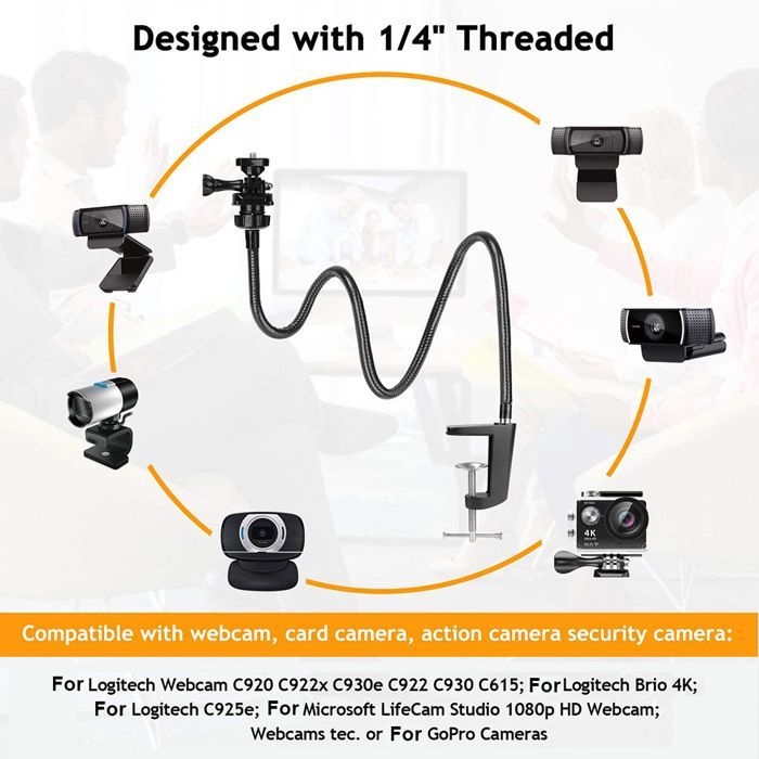 Support de webcam avec support de téléphone, bras de caméra de bureau à col de cygne pour webcam Logitech C930e C930 C920 C922x