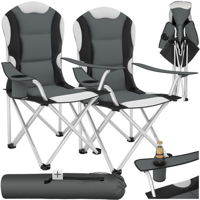 Sillas de camping - TECTAKE - Juego de 2 sillas plegables acolchadas con portavasos, 60 x 88 x 110 cm, funda de transporte - Gris