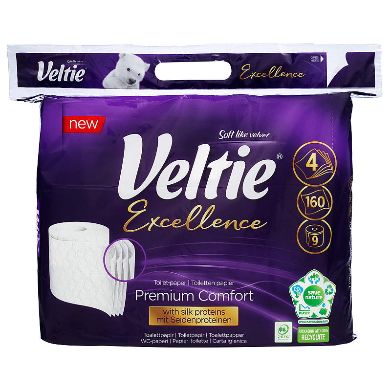 Paquete de 9 rollos de papel higiénico Veltie Excelencia