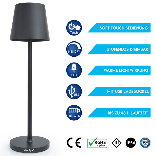 Επαναφορτιζόμενη επιτραπέζια λάμπα LED Dinner Light κλασική, μαύρη