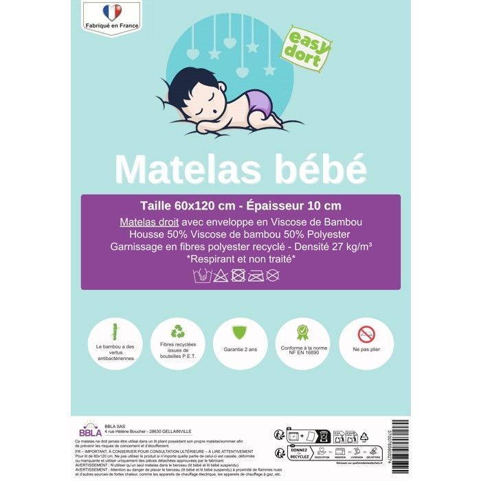 Practical Baby Kit: 60x120cm Mattress, Baby Cot, Travel Cot + 6 Cotton Fitted Sheets + 2 Cotton Mattress Protectors | Oeko-Tex | Made in France (EU)