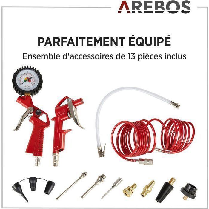 Compressore d'aria AREBOS - Modello con kit da 13 pezzi - Senza olio - Spegnimento automatico - 6 L