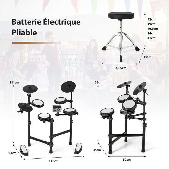 GYMAX Faltbares elektronisches Schlagzeug mit Pads, Becken, 150 Sounds, 10 Demos, USB-Schnittstelle, Pedalen, Drumsticks und verstellbarem Hocker