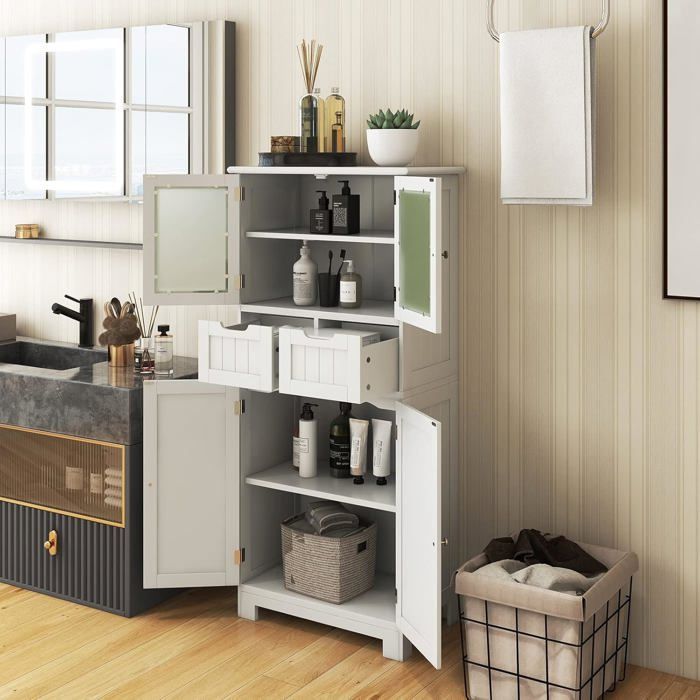 GIANTEX Bathroom Cabinet - Storage Column with 2 Drawers and Adjustable Shelves - Wooden Chest of Drawers - 60 x 30 x 128 cm - White