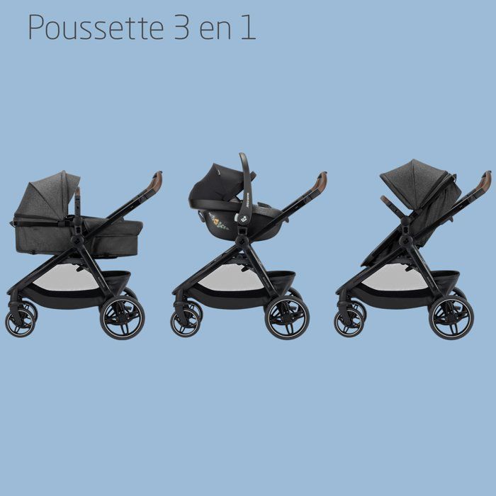 MAXI-COSI Poussette 3 en 1 Zelia S Trio2, Nacelle+Siège auto Cabriofix S iSize+Sac à langer+habillage pluie, 0-22Kg, Dark grey