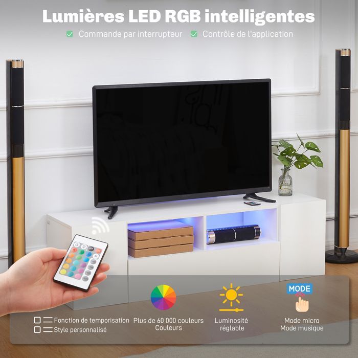 Mobile porta TV a LED - HOMCOM - Supporto TV da 140 cm con 3 vani, fino a 60 pollici, illuminazione regolabile, finitura lucida - legno - 140 cm - bianco