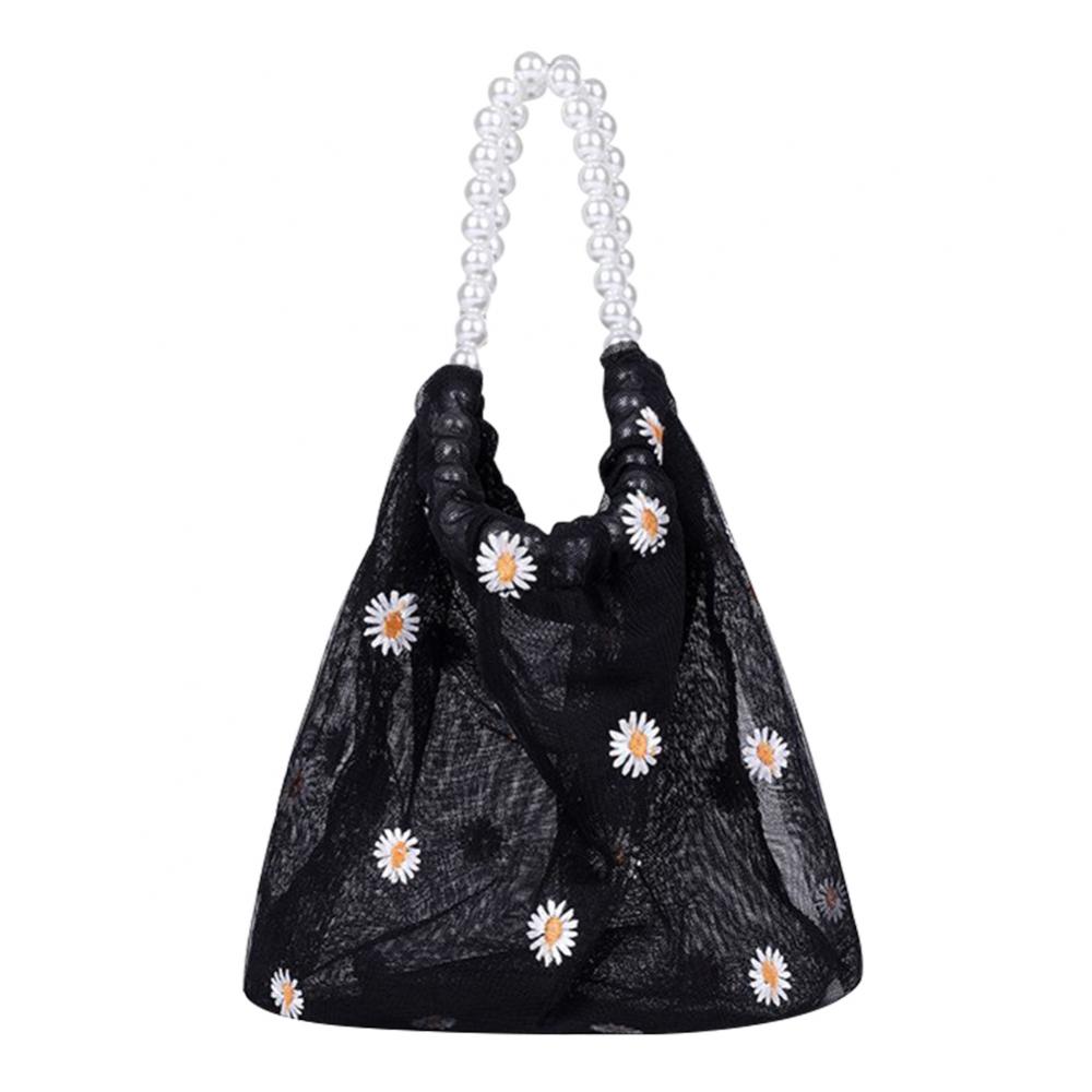 Borsa a mano piccola trasparente con ricamo a margherite in rete, borsa tote da donna elegante con perle, pochette estiva da spiaggia, borsa per lo shopping.