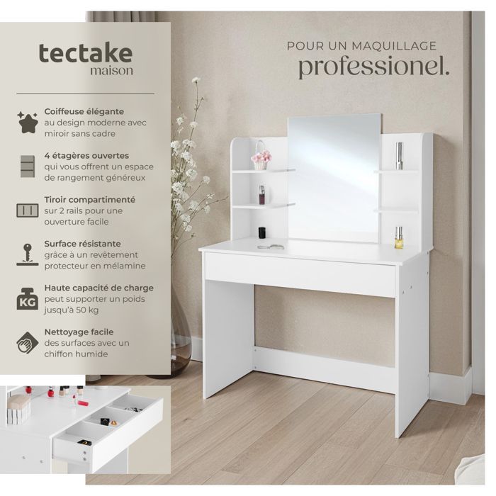 Coiffeuse - TECTAKE - Table de maquillage CAMILLE avec tiroir et 4 compartiments 100 x 40 x 139,5 cm - Blanc