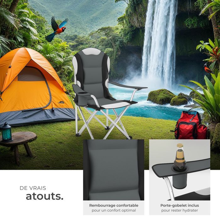 Sillas de camping - TECTAKE - Juego de 2 sillas plegables acolchadas con portavasos, 60 x 88 x 110 cm, funda de transporte - Gris