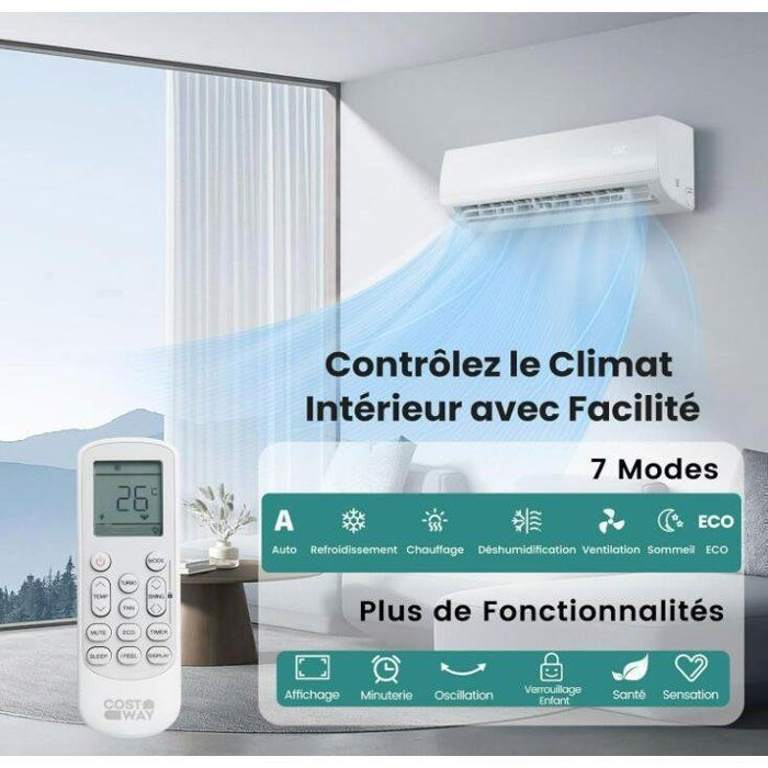 RELAX4LIFE 9000 BTU Omkeerbare Split Airconditioner - 22 m² - Verwarming en koeling - Invertertechnologie - Energieklasse A++