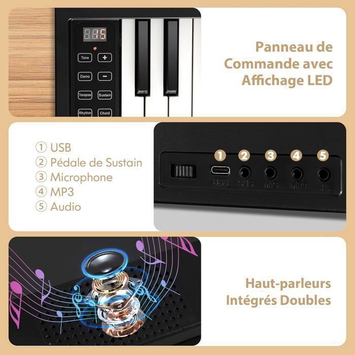 Teclado musical electrónico COSTWAY de 61 teclas semipesadas, plegable, Bluetooth, aplicación, MIDI, pantalla LCD, atril, pedal de sustain, bolsa de transporte.