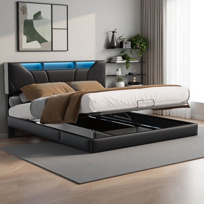 Double Bed 160x200 - LED Lighting - Reinforced Slatted Base - Storage Compartment - Modern Design