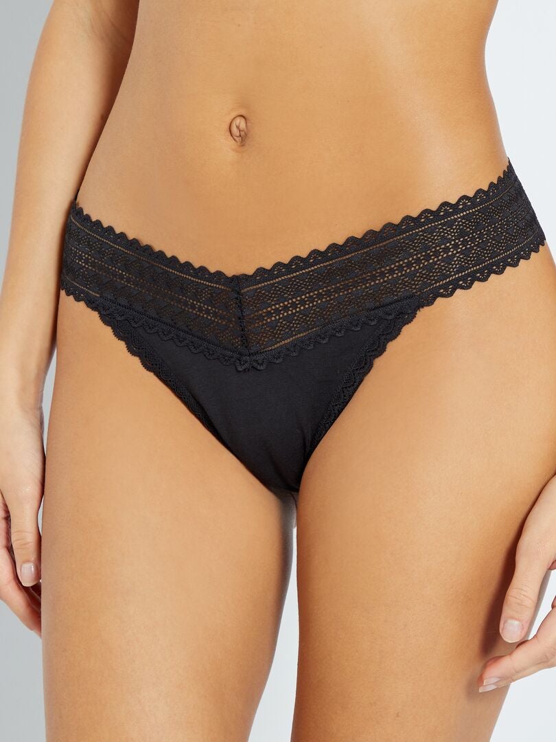 Set van 3 katoenen en kanten stringtjes - zwart