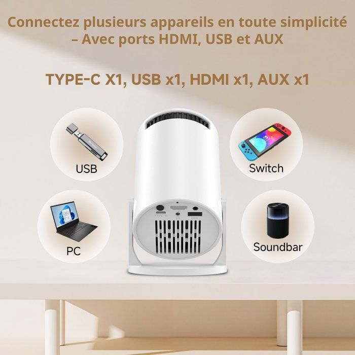 Mini Videoprojecteur LaylaTang Y200, Support 1080P - 5000 Lumen - Support rotatif 240° - Miroir Écran iOS/Android - Ultra-portable