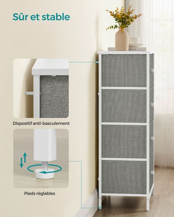 Cómoda de dormitorio de tela con 4 cajones, columna de almacenamiento, estructura metálica, gris claro y blanco.