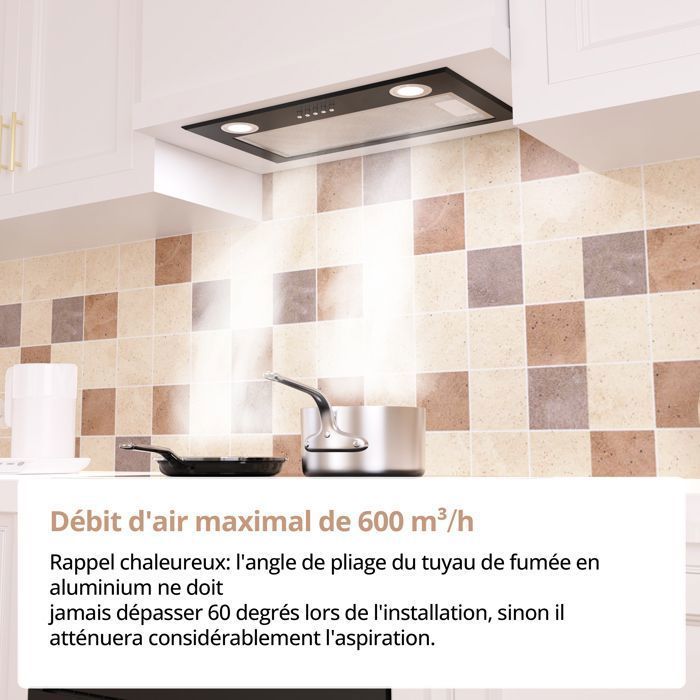 FIREGAS Inbouwafzuigkap - Geïntegreerde keukenafzuigkap - 600 m³/u - 52 cm - Afzuiging of recirculatie - Zwart - Energieklasse A